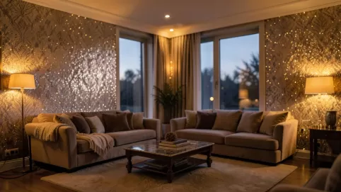 brokatowe ściany w salonie