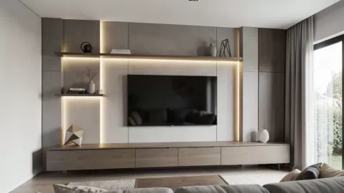 nowoczesna ściana telewizyjna w salonie 2025